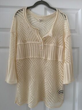 POL Cream Crochet Knit Henley Top